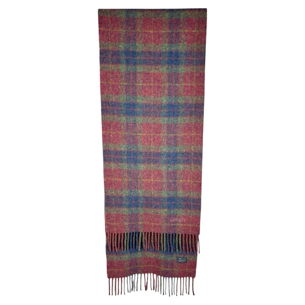 Liberty of London Plaid Wool Scarf With Fringe Red Blue Green 61 x 11 1/2 Unisex